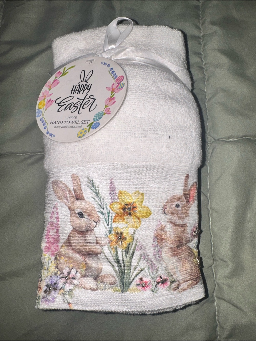 Shabby chic beige Easter spring beaded bunny floral set of two hand towels,new!